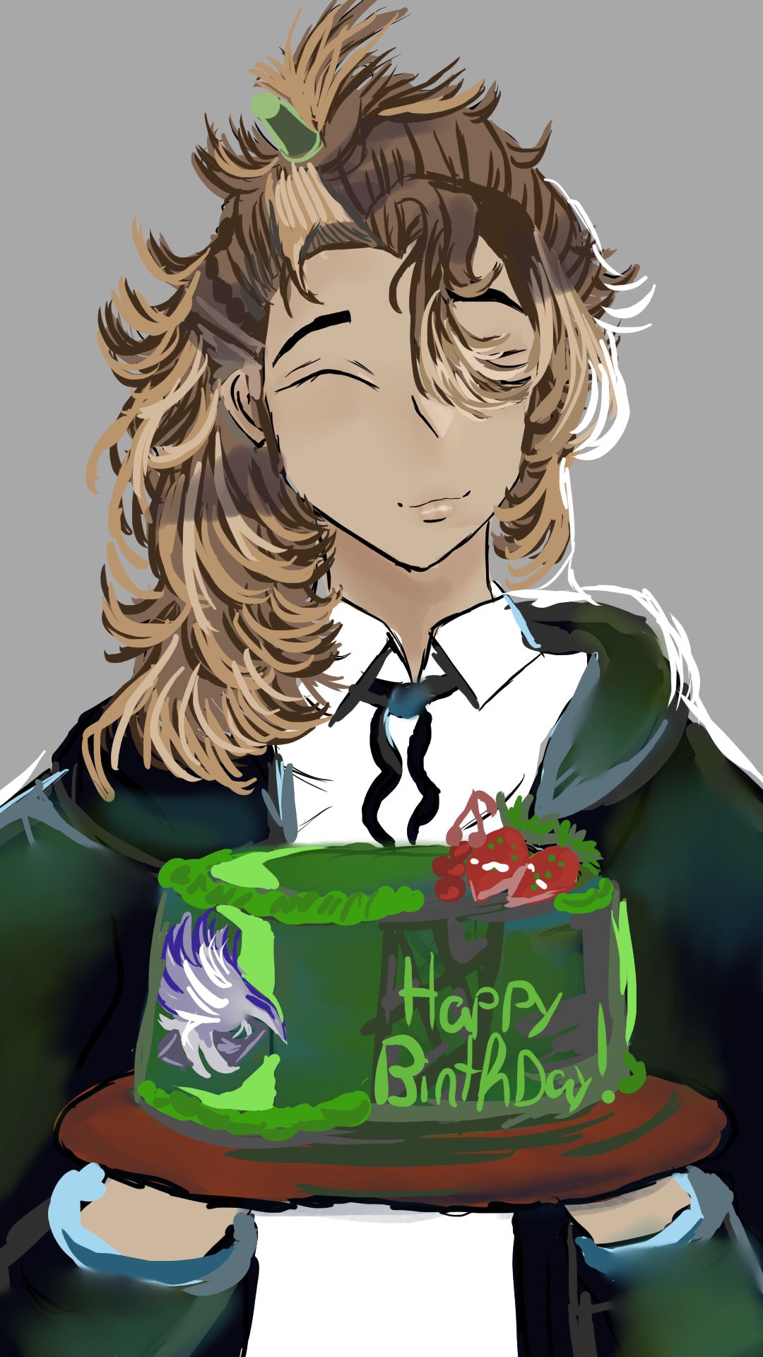 Goldbullet wearing a white shirt, a green pendant tie, and a green hoodie, holding a green cake with strawberries and cherries on top. the cake is decorated with a fondant version of his bird pin and a 'Happy Birthday!' message written in light green icing.